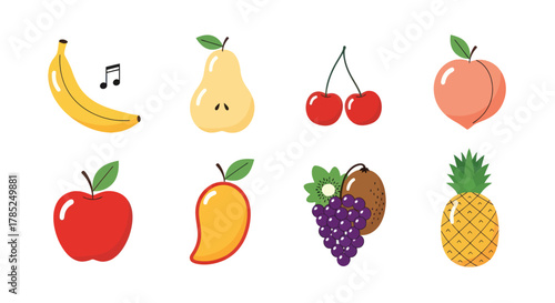 Assorted fresh fruits illustrated set on white background for design