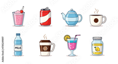 Assortment of beverages drinks in cartoon style isolated on white