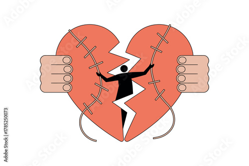 A person is torn between two forces, represented by hands pulling apart a stitched heart.