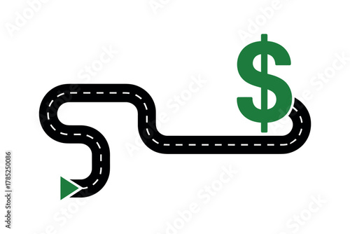 A winding road leads to a green dollar sign, symbolizing financial goals.