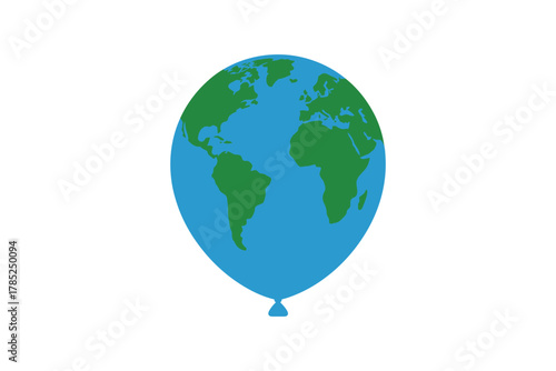 A balloon shaped like the Earth floats against a white background.