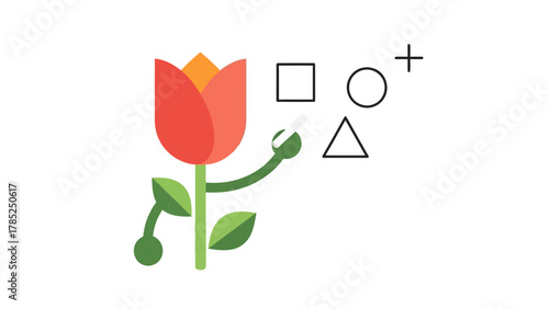 A cartoon tulip drawing geometric shapes on a white background