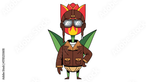 A cartoon tulip character in a pilots jacket and goggles