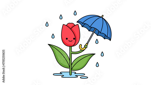 A cartoon tulip holds an umbrella in the rain