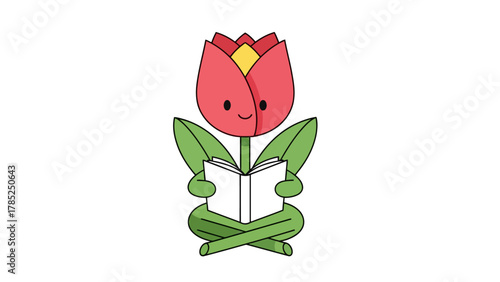 A cartoon tulip reads a book
