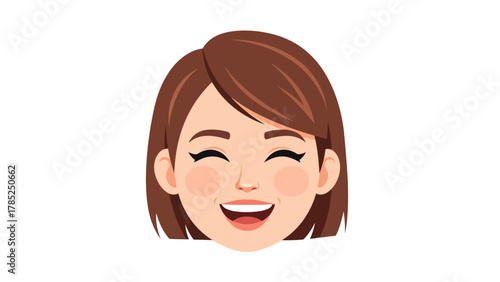 A cartoon womans face laughing with closed eyes and rosy cheeks