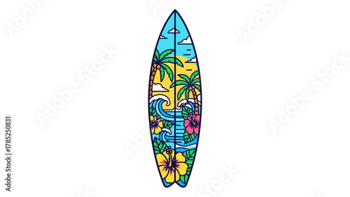 A colorful surfboard with a tropical beach scene