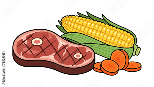 A cooked steak with corn on the cob and sliced carrots