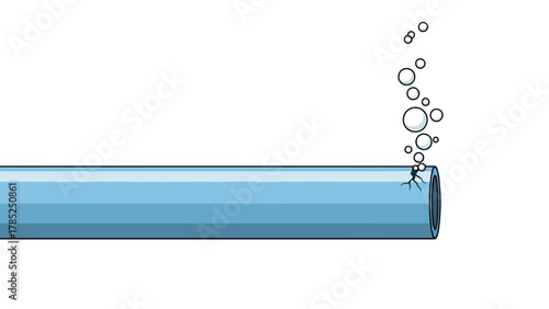 A cracked blue pipe with bubbles rising from it