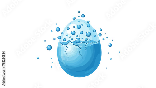 A cracked egg filled with water and bubbles with more bubbles floating around it