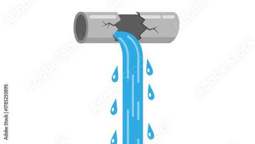 A cracked pipe is leaking water with droplets falling