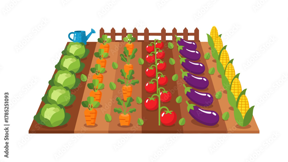 Naklejka premium A garden plot with rows of vegetables and a watering can