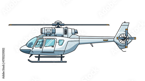 A detailed cartoon illustration of a light blue helicopter against a white background
