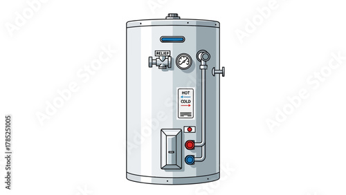 A diagram of a water heater with pipes gauges and labels
