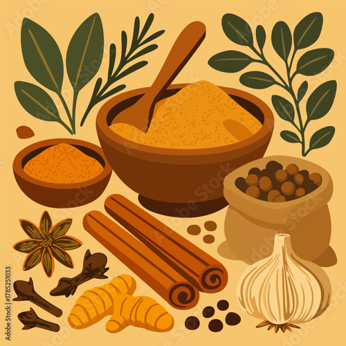Assortment of aromatic spices and fragrant herbs. Vector set