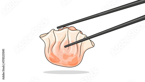 A dim sum dumpling held by chopsticks isolated on white