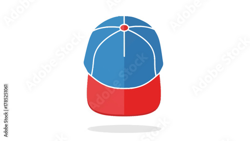 A flat illustration of a blue baseball cap with a red brim