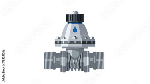A flat design illustration of a grey and blue water pressure regulator valve