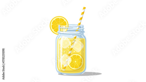 A glass jar filled with yellow lemonade ice lemon slices and a striped straw