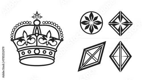 Illustration showcasing a crown with fleur de lis and geometric shapes in black and white linear style vreated with genrated ai