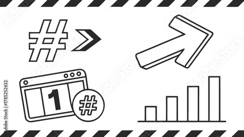 Outline of hashtag to arrow, window with number one, hashtag circle, arrow up and bar chart with border vreated with genrated ai