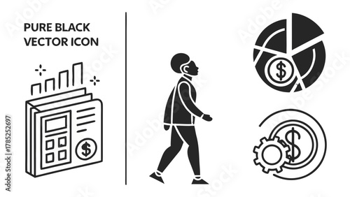 Illustration showing a person walking next to financial charts and a book with a calculator icon vreated with genrated ai