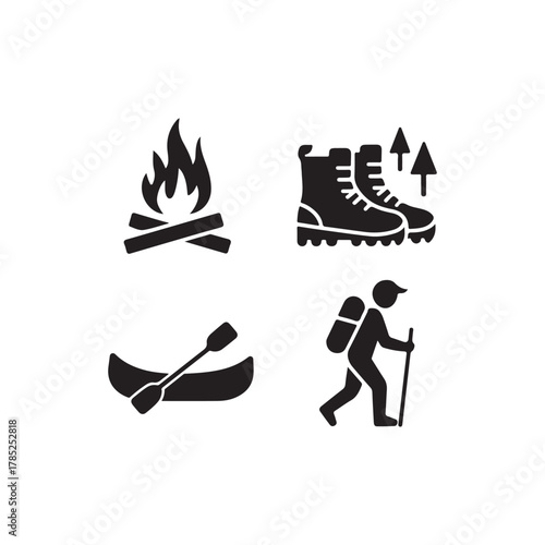 campfire canoe hiking boots and trekking gear depicted in simple black silhouette high quality professional detailed