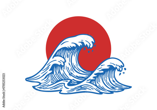 Japanese Wave Vector Illustration with Red Sun Background