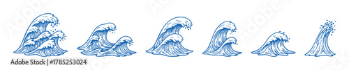 Set of Stylized Ocean Wave Vector Illustrations in Japanese Style