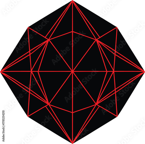 Abstract black geometric shape with intricate red line network