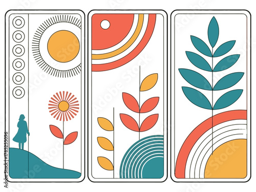 Abstract triptych art featuring stylized nature elements and a solitary figure.