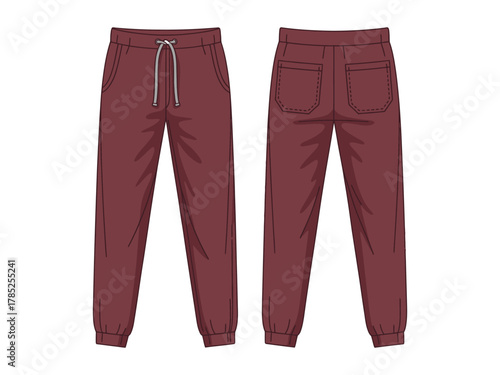 Front and back view of maroon sweatpants with a drawstring waist and cuffed ankles.