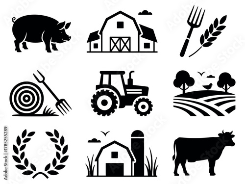 Collection of agricultural icons representing farming and livestock on a farm.