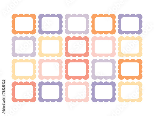 A grid of decorative name tags with scalloped edges in pastel colors.