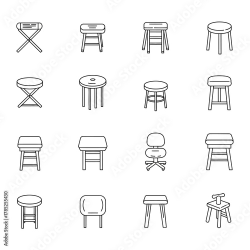 stool icon set showcasing various types for seating and design projects simple line drawing of stools in a collection suitable for furniture catalogs.