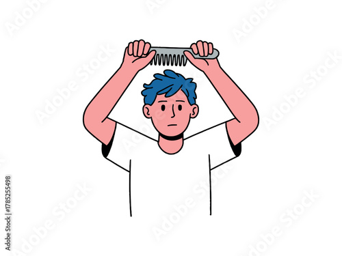 Person with blue hair combing their hair with a comb