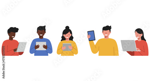 people using technology Diverse group connecting with laptops and tablets showcasing digital lifestyle and modern communication in a digital age.