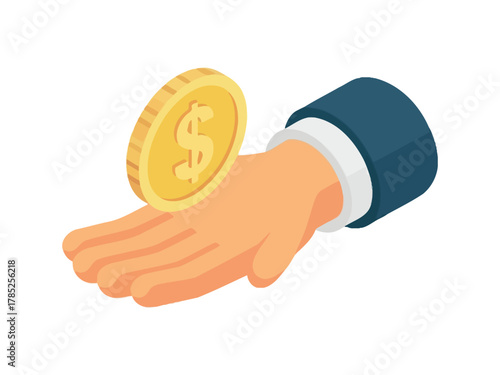 A hand holds out a gold coin with a dollar sign on it.
