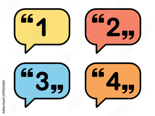 Numbered speech bubbles with quotation marks symbolize communication and ideas.