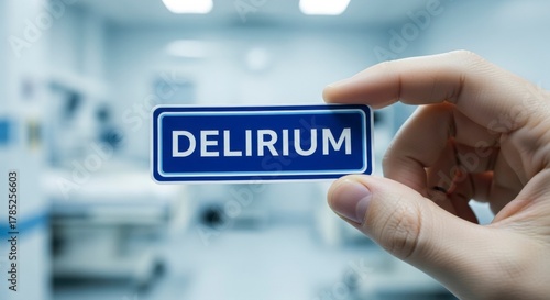  Delirium: a hand holds a small sign with the word delirium in front of an out-of-focus background of a hospital room, it shows a mental state.