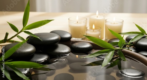 Tranquil zen spa still life with black stones candles and bamboo leaves