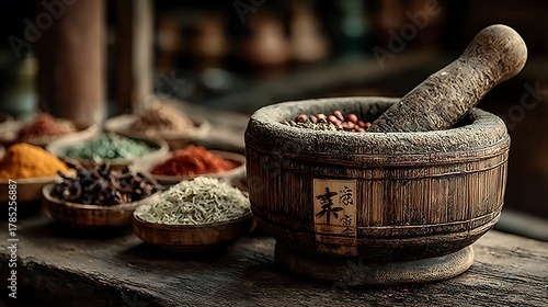 Fototapeta Naklejka Na Ścianę i Meble -  Rustic bamboo mortar grinding assorted spice mix high resolution picture