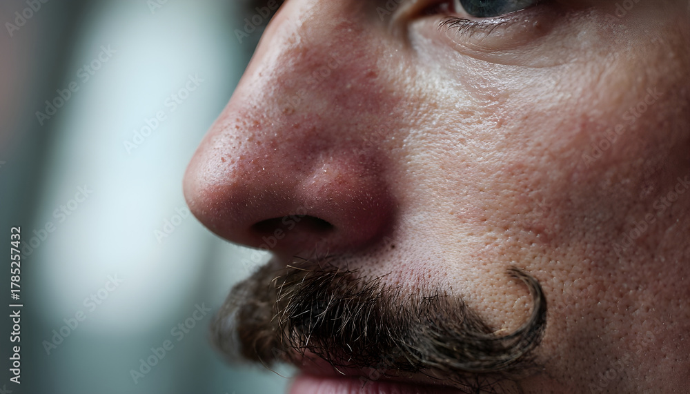 Obraz premium Close-up side view of a man's face with a curled mustache, focusing on facial texture. The video captures intricate details with a macro lens