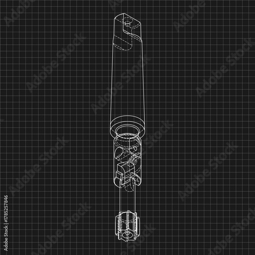 Mechanical engineering drawings. Tap tools, borer. Technical Design. Cover. Blueprint. Step Cutting Tool with Countersinking Function. Technical 3D Vector Illustration