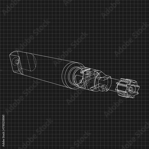 Mechanical engineering drawings. Tap tools, borer. Technical Design. Cover. Blueprint. Step Cutting Tool with Countersinking Function. Technical 3D Vector Illustration