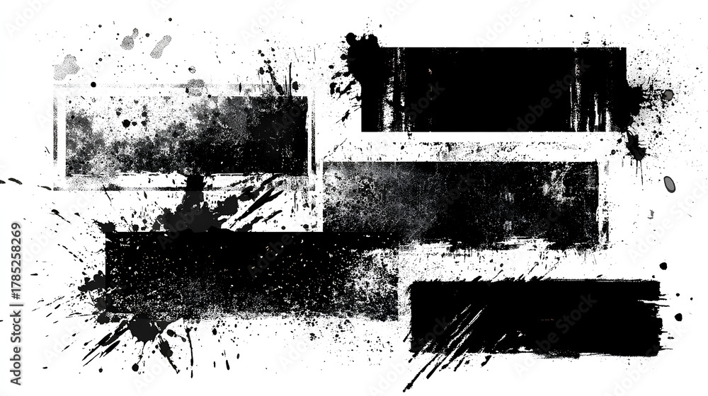 Naklejka premium Black paint brush stamps. Vector grunge effect text boxes. Rough, stroke spray ink rectangles on paper. Distressed scratch background. Ink splatter frames on white. Paintbrush element banner bg Stock 