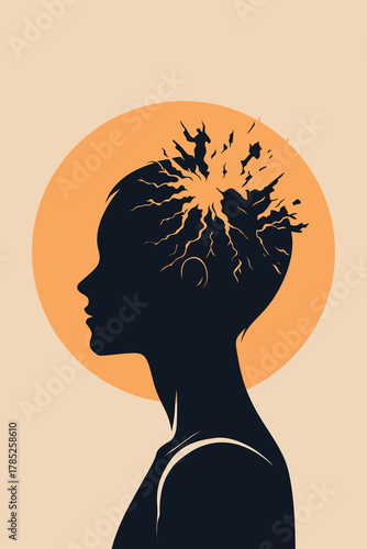 Silhouette of a person with a cracked head and explosion effect, symbolizing stress, mental pressure, burnout, emotional pain, trauma, and psychological struggle.