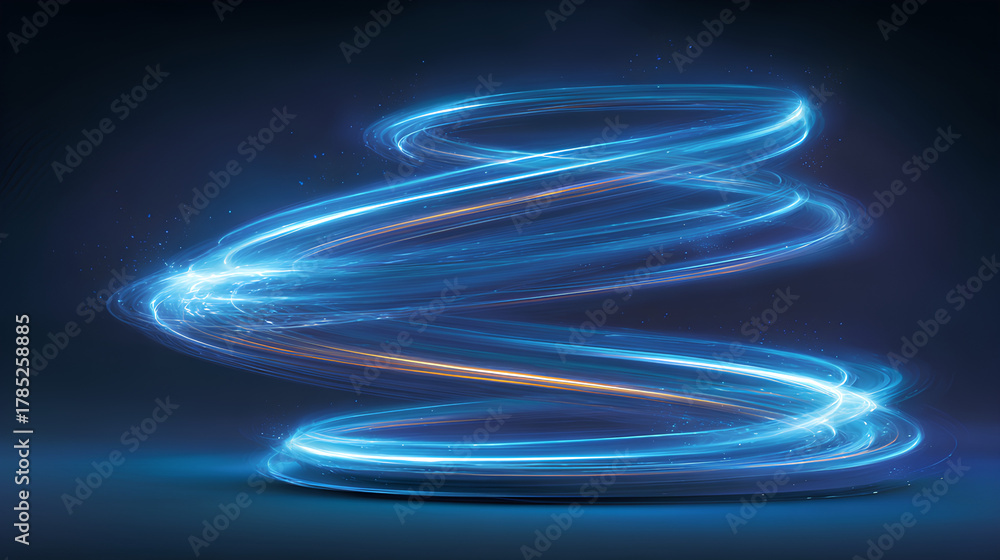 Naklejka premium Blue neon swirl spins at light speed. Wind motion glides in curved vector path. Cold airflow effect fits seasonal banner design. Transparent swoosh marks fresh air burst. Twilight wind line suits icy 