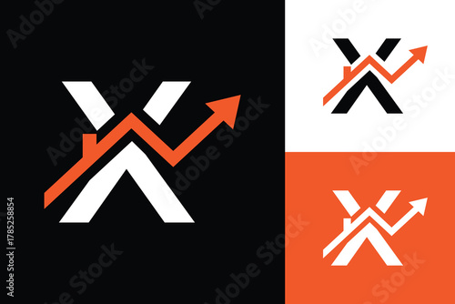 this is a flat logo design of an initial letter X in combination with a house and a graphic arrow heading up that looks clean in orange and black color