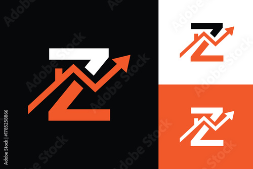 this is a flat logo design of an initial letter Z in combination with a house and a graphic arrow heading up that looks clean in orange and black color